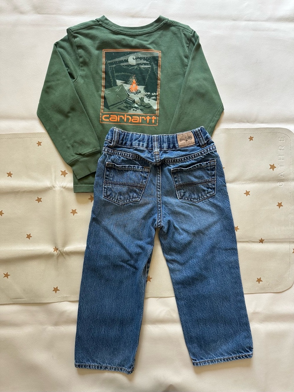 4t Carhartt Green Campfire Graphic Top with Children’s Place Vintage Blue Jeans